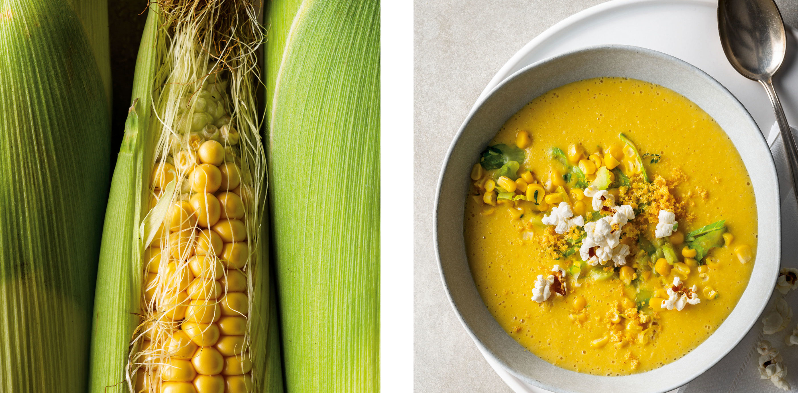 Zwei Fotos, links: goldgelbe Maiskolben, rechts: Maissuppe mit Popcorn-Topping